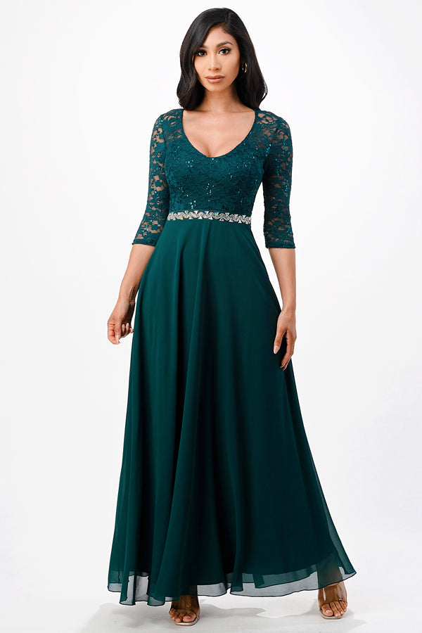 3/4 sleeve lace and chiffon A-line dress with waist embellishment