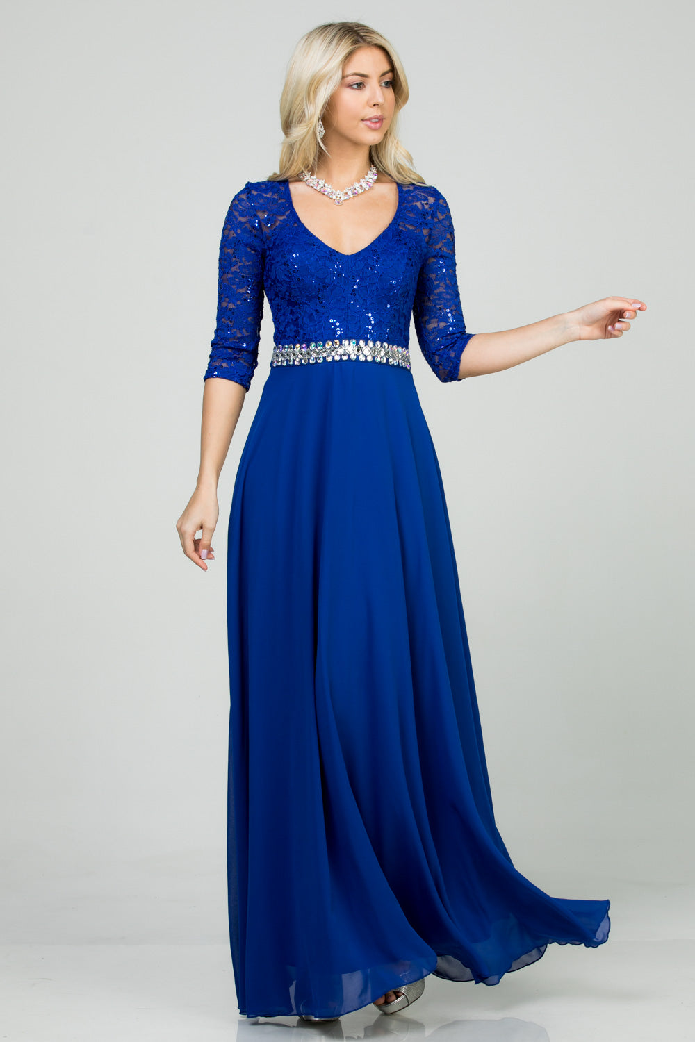 3/4 sleeve lace and chiffon A-line dress with waist embellishment