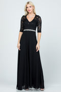 3/4 lace and chiffon A-line dress with rhinestones waist embellishment.