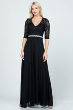 3/4 lace and chiffon A-line dress with rhinestones waist embellishment.