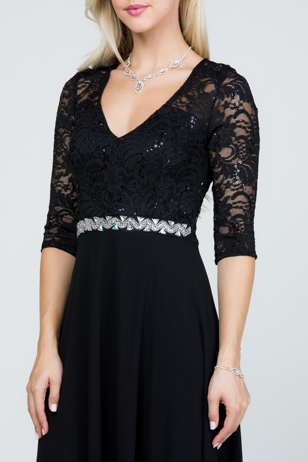 3/4 sleeve lace and chiffon A-line dress with waist embellishment