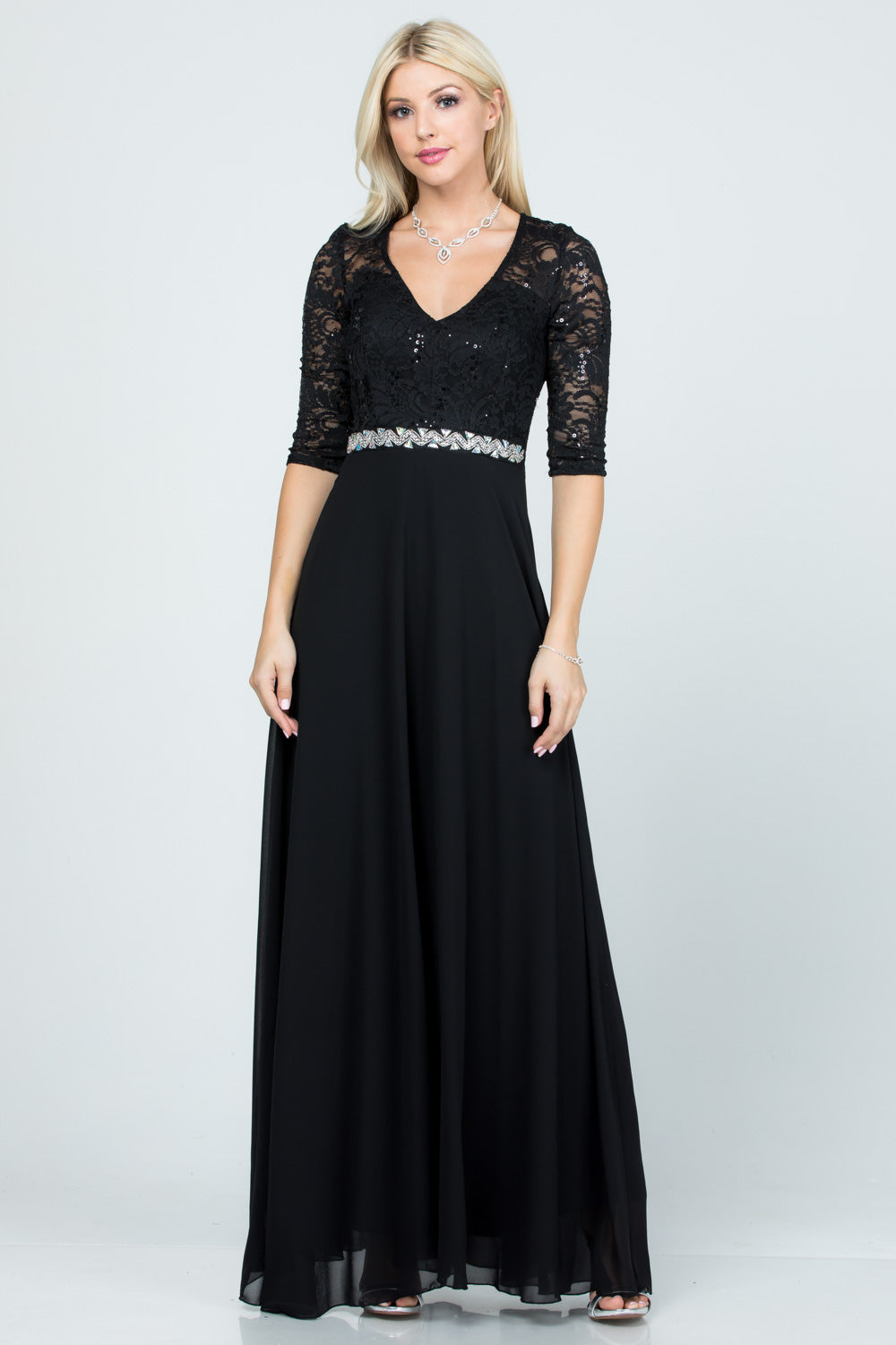 3/4 sleeve lace and chiffon A-line dress with waist embellishment