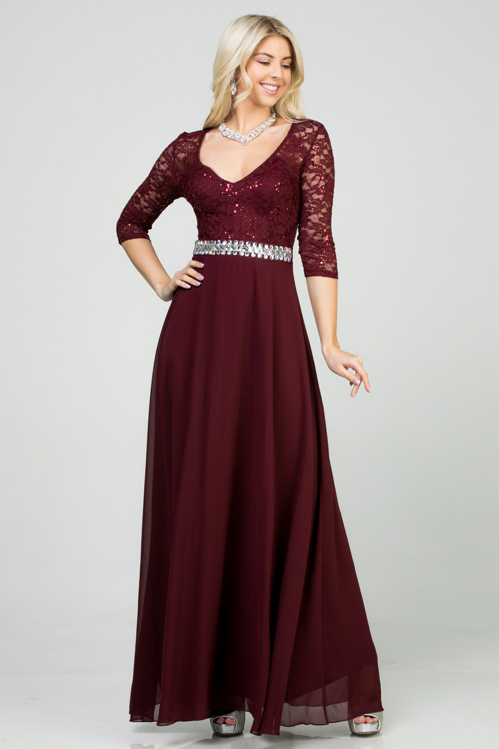 3/4 sleeve lace and chiffon A-line dress with waist embellishment