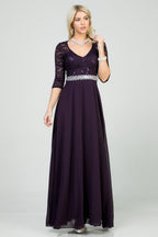 3/4 sleeve lace and chiffon A-line dress with waist embellishment