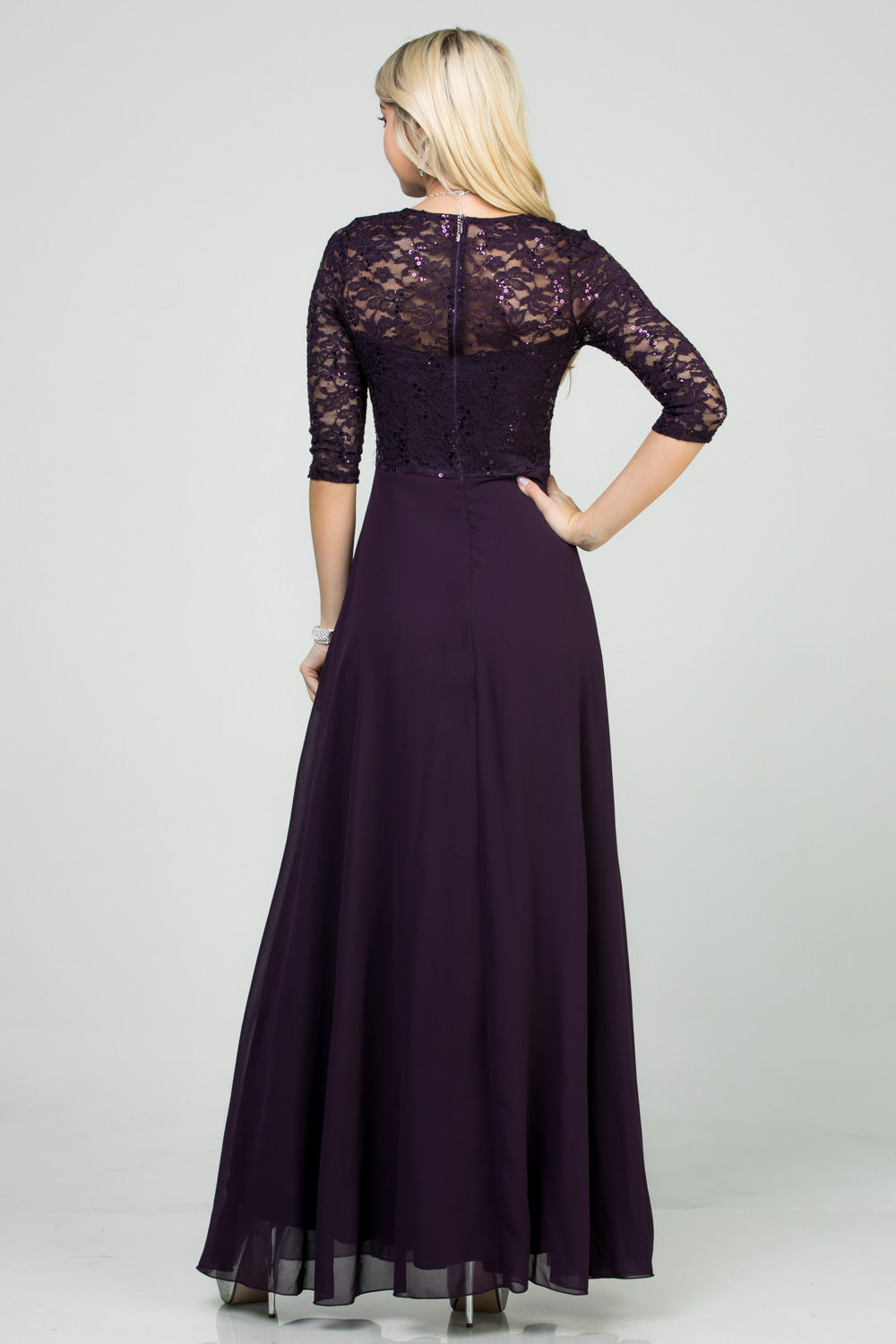 3/4 sleeve lace and chiffon A-line dress with waist embellishment