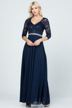3/4 sleeve lace and chiffon A-line dress with waist embellishment