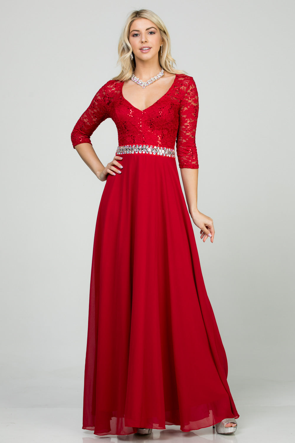 3/4 sleeve lace and chiffon A-line dress with waist embellishment