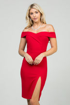 Off the shoulder cross front solid scuba crepe side slit pencil dress.