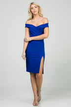 Off the shoulder cross front solid scuba crepe side slit pencil dress.