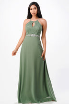 Embellished waist A-line full length dress with sequin on lace and front keyhole.