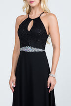 Embellished waist A-line full length dress with sequin on lace and front keyhole.