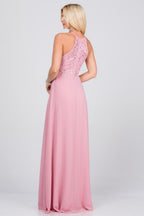 Embellished waist A-line full length dress with sequin on lace and front keyhole.