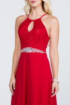 Embellished waist A-line full length dress with sequin on lace and front keyhole.