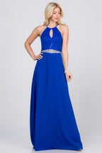 Embellished waist A-line full length dress with sequin on lace and front keyhole.