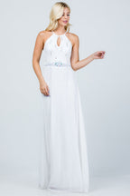 Embellished waist A-line full length dress with sequin on lace and front keyhole.