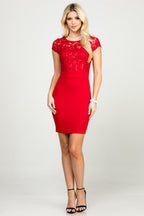 Short sleeve sequin lace and scuba crepe Remi pencil dress.