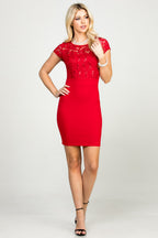 Short sleeve sequin lace and scuba crepe Remi pencil dress.
