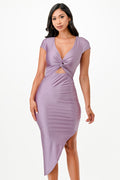 Front twist shiny tricot asymmetrical cap sleeve dress