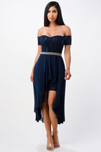 Embellished off the shoulder, trance lace and chelsea chiffon fabric, Lila high-low surplus dress