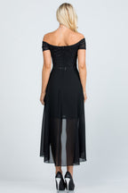 Embellished off the shoulder, trance lace and chelsea chiffon fabric, Lila high-low surplus dress