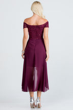 Embellished off the shoulder, trance lace and chelsea chiffon fabric, Lila high-low surplus dress