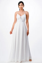 Full length double spaghetti strap sequin lace and chiffon dress with mesh insert on the front. Young contemporary for prom, homecoming graduation or cocktail events