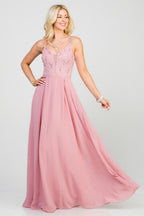 Full length double spaghetti strap sequin lace and chiffon dress with mesh insert on the front. Young contemporary for prom, homecoming graduation or cocktail events