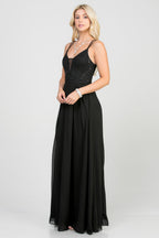 Full length double spaghetti strap sequin lace and chiffon dress with mesh insert on the front. Young contemporary for prom, homecoming graduation or cocktail events