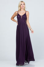Full length double spaghetti strap sequin lace and chiffon dress with mesh insert on the front. Young contemporary for prom, homecoming graduation or cocktail events
