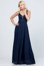 Full length double spaghetti strap sequin lace and chiffon dress with mesh insert on the front. Young contemporary for prom, homecoming graduation or cocktail events