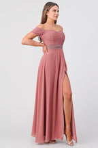 Off the shoulder waist embellished open side sequin lace and chelsea chiffon gown