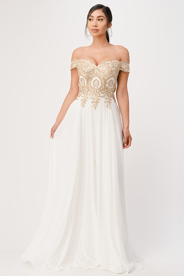PLUS SIZE Off the shoulder chiffon gown embellished with gold lace appliques