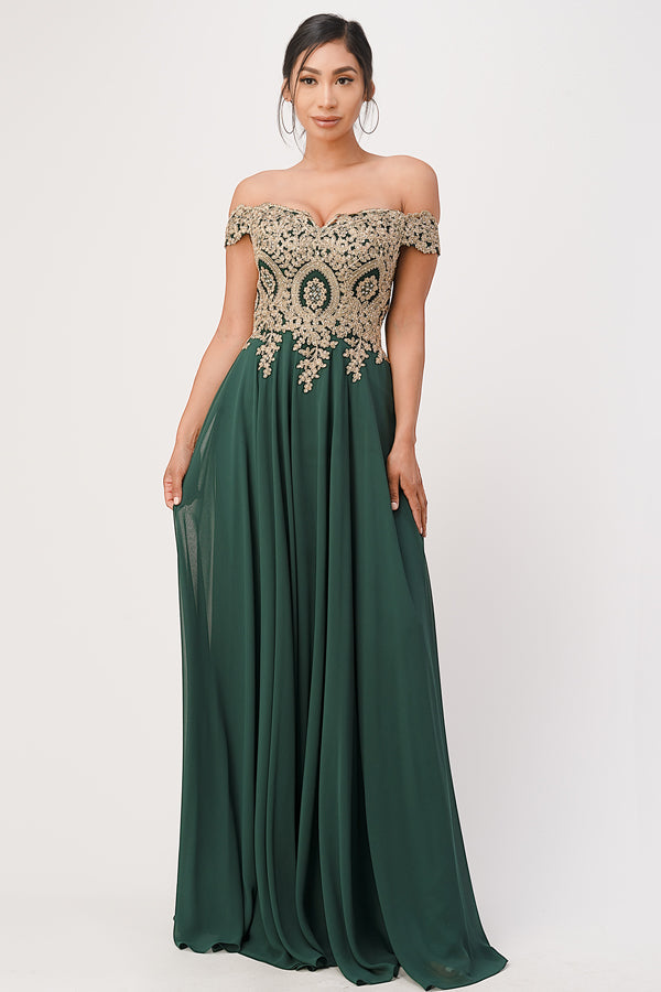 PLUS SIZE Off the shoulder chiffon gown embellished with gold lace appliques