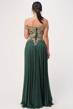 Off the shoulder chiffon gown embellished with gold lace appliques
