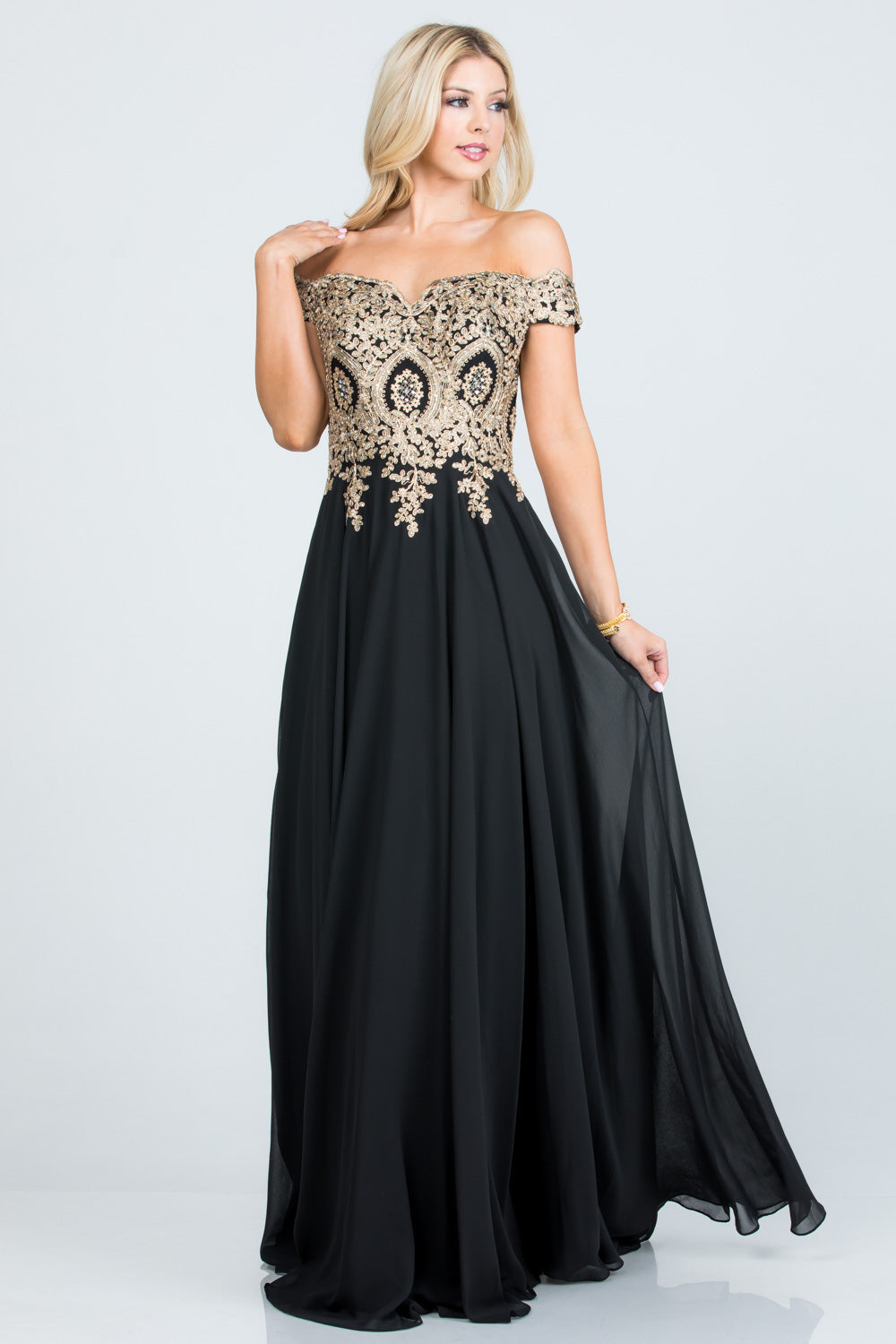 PLUS SIZE Off the shoulder chiffon gown embellished with gold lace appliques