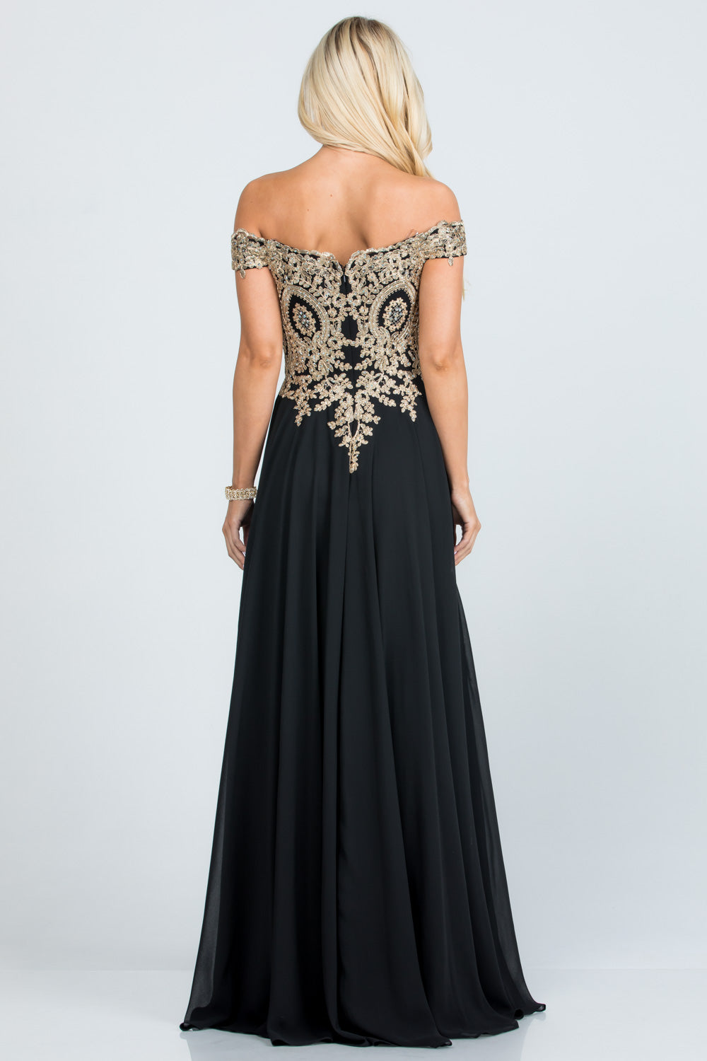 PLUS SIZE Off the shoulder chiffon gown embellished with gold lace appliques