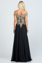 Off the shoulder chiffon gown embellished with gold lace appliques