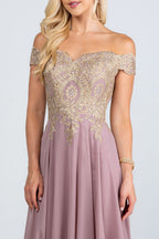 Off the shoulder chiffon gown embellished with gold lace appliques