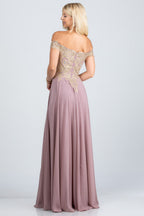 PLUS SIZE Off the shoulder chiffon gown embellished with gold lace appliques