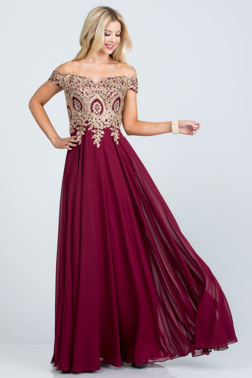 PLUS SIZE Off the shoulder chiffon gown embellished with gold lace appliques