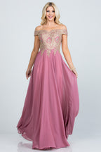 Off the shoulder chiffon gown embellished with gold lace appliques
