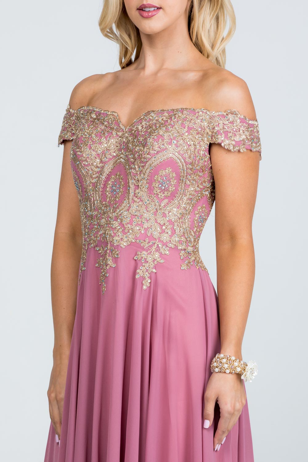 PLUS SIZE Off the shoulder chiffon gown embellished with gold lace appliques