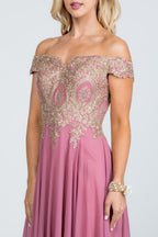 Off the shoulder chiffon gown embellished with gold lace appliques