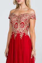 Off the shoulder chiffon gown embellished with gold lace appliques