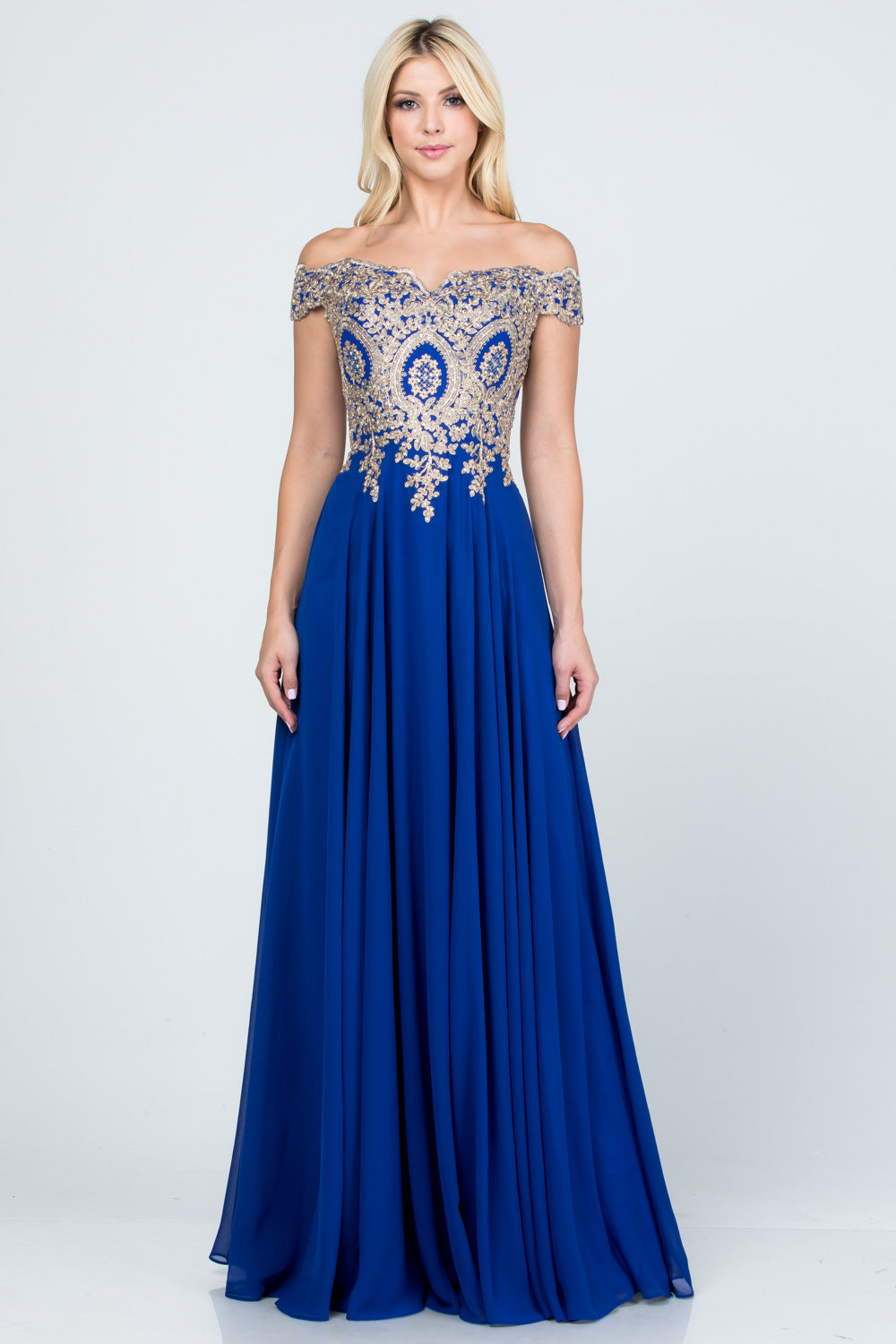 PLUS SIZE Off the shoulder chiffon gown embellished with gold lace appliques