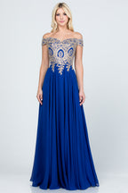 Off the shoulder chiffon gown embellished with gold lace appliques