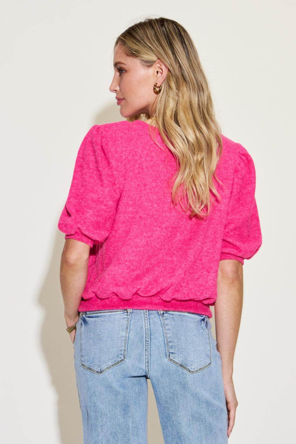 Zenana Round Neck Lantern Half Sleeve Sweater - VacationGrabs