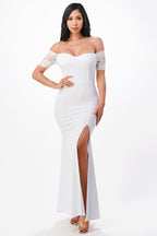 Off the shoulder lace detailed scuba crepe Cecil mermaid dress