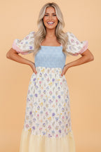 Floral Stripe Colorblock Square Neck Shirred Dress
