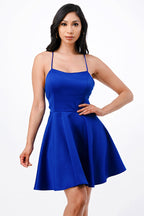 Satin like fit and flare dress with back crisscross spaghetti for prom homecoming cocktail dress